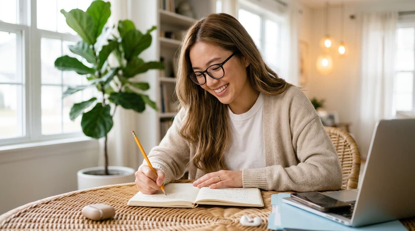 Mujer escribiendo en cuaderno en un espacio luminoso de trabajo