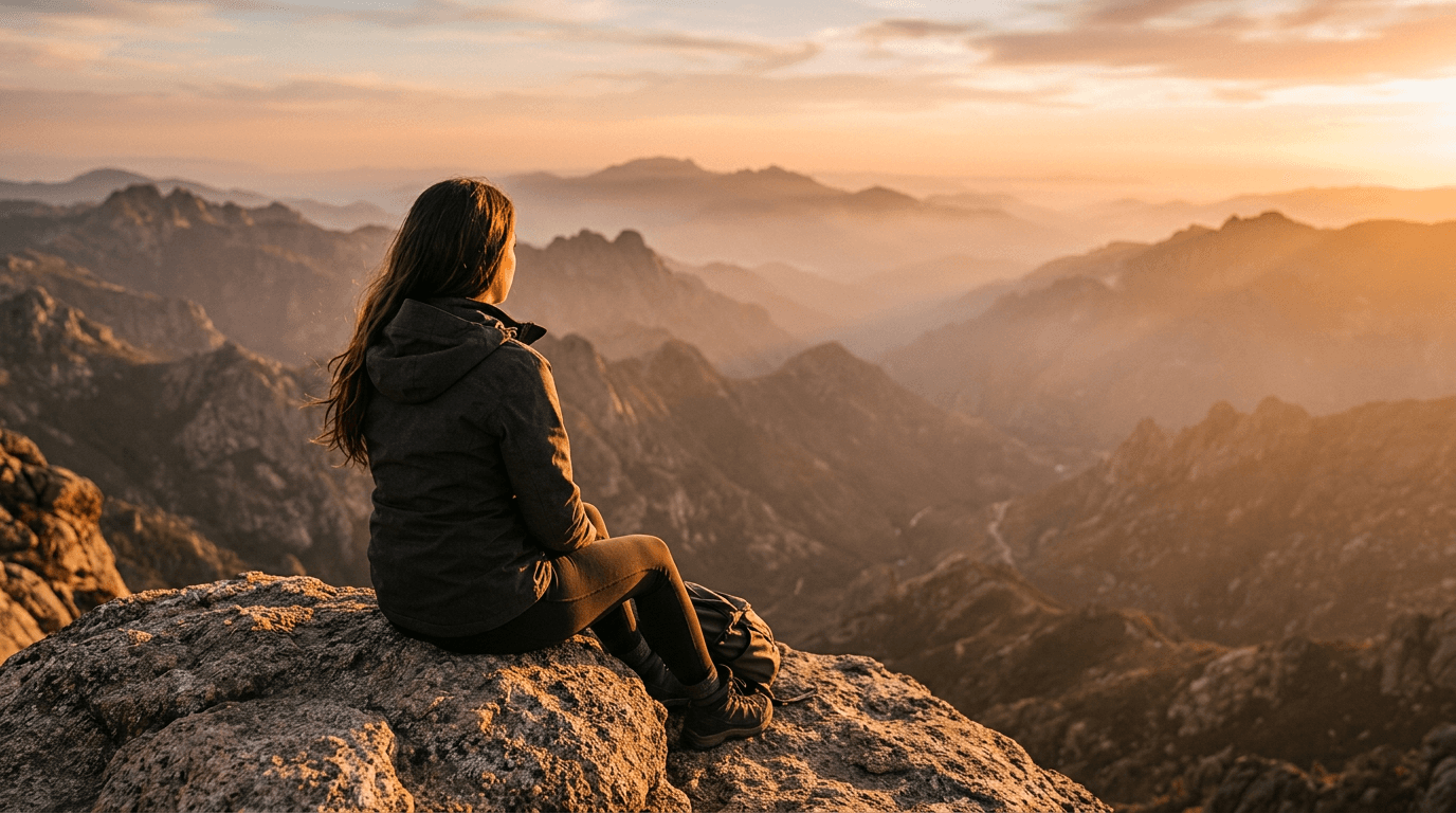 Mujer sentada en la montaña contemplando el horizonte al atardecer
